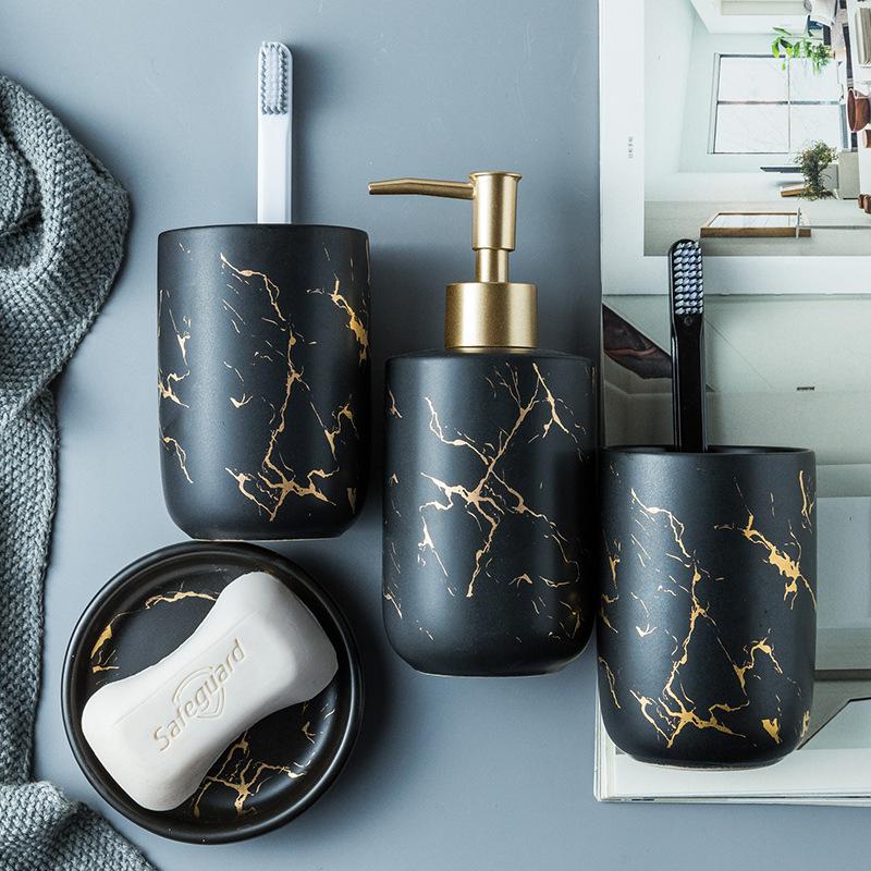 Marble Style, Dark Wood Rectangular Bathroom Accessories Set with Pump –  MyGift
